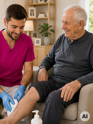 Pflegefachkraft des Pflegedienstes PflegeEngel versorgt und pflegt das Bein eines Seniors bei der Grundpflege in Gotha – vollständig KI-generierte Darstellung.
