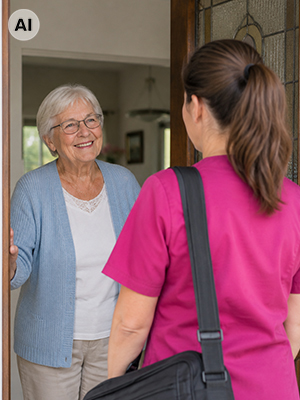 Pflegefachkraft des ambulanten Pflegedienstes PflegeEngel mit Pflegetasche an der Haustür einer Seniorin in Gotha – vollständig KI-generierte Darstellung.