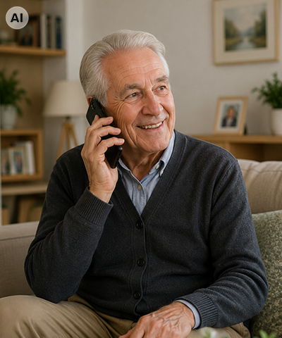 Senior telefoniert lächelnd auf dem Sofa zur Pflegeberatung mit dem Pflegedienst PflegeEngel in Gotha – vollständig KI-generierte Darstellung.