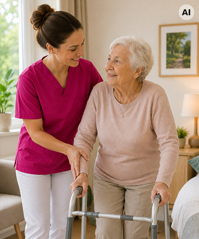 Pflegekraft des Pflegedienstes PflegeEngel unterstützt eine Seniorin mit Rollator beim Gehen im Wohnzimmer in Gotha – vollständig KI-generierte Darstellung.