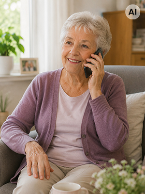 Seniorin telefoniert lächelnd im Sessel zur Pflegeberatung mit dem Pflegedienst PflegeEngel in Gotha – vollständig KI-generierte Darstellung.