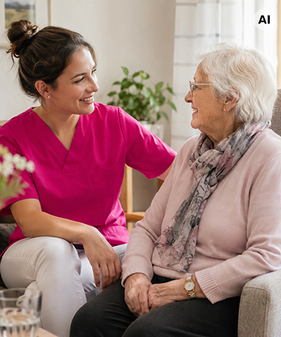 Freundliche Pflegekraft des ambulanten Pflegedienstes PflegeEngel im Gespräch mit einer Seniorin zuhause in Gotha – vollständig KI-generierte Darstellung.