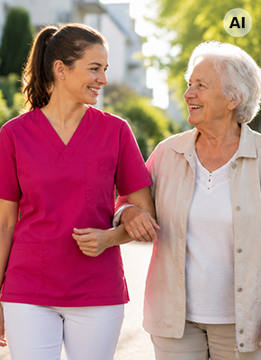 Freundliche Pflegekraft des Pflegedienstes PflegeEngel begleitet eine Seniorin bei einem Spaziergang in Gotha – vollständig KI-generierte Darstellung.