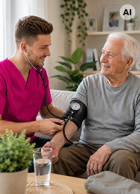 Pflegefachkraft des Pflegedienstes PflegeEngel misst den Blutdruck eines Seniors bei der häuslichen Krankenpflege in Gotha – vollständig KI-generierte Darstellung.